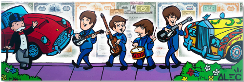 Beatles Playing Music on Sidewalk with Monopoly
